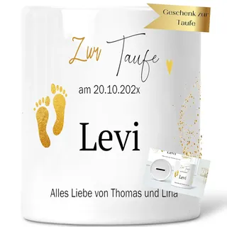 Besonderes Taufgeschenk - Baby-Spardose für Mädchen & Junge - Individuell mit Namen personalisiert als Geld-Geschenk zur Geburt Taufe (Füsse Gold)