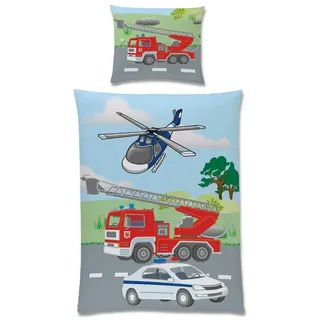 Familando Kinderbettwäsche Polizei & Feuerwehr, 135x200 80x80 cm, 100% Baumwolle, Reißverschluss, Renforcé, 2 teilig, mit Wendeseite und 2. Motiv auf Kopfkissen bunt
