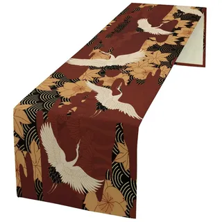 Japanischer Retro-Tischläufer mit Kranich, luxuriös, goldfarben, rot, orientalischer Stil, chinesischer Kranich, Vogel, Blumendruck, Tischläufer für Küche, Esstisch, Urlaub, Party, Hochzeit,