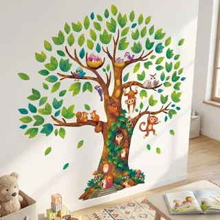 DECOWALL DL4-2303 Extra groß Riesenbaum Kinder Wandtattoo (142x158 cm) Kinderzimmer Deko Wald Mädchenzimmer Baby Jungen Pflanze Wald Zuhause Natur grün Mitbewohner Blatt Tiere Affe bunt