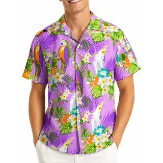 King Kameha Funky Hawaii Hemd Männer - Tropisches Hawaiihemd Herren Kurzarm mit Papageien & Blumen Motiv - L