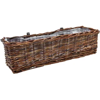 Spetebo Rattan Balkonkasten eckig mit Folie Natur dunkel - 60 x 19 cm - Rattan Blumenkasten mit Aufhängung für Balkon Geländer bis 3,5 cm - Pflanzkasten Blumenkorb Blumentopf Weidekorb geflochten