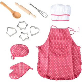 HoobyLane Kinderschürze Koch und Backset, 11 Stück Kinderküche Ankleiden und Backset mit Kochschürze, Kochmütze und Kochzubehör für 3+ Kinder Rollenspiel, Geschenk für Mädchen (Rot)