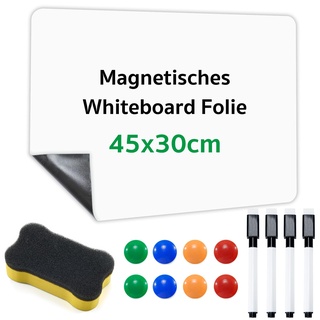 Magnetisches Whiteboard Folie 45x30 cm mit 8 Magnete Schwamm & 4 Stift & 1 Whiteboard Schwamm Magnetisch, Abwischbare DIY Magnetisches Whiteboard, Trocken Weißtafel, agnetfolie Selbstklebend Weiß