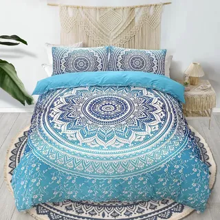 Bettwäsche 135x200 4teilig Blau Weiß Blumen Boho Mandala Bettbezug Set