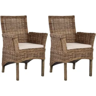 Krines Home Esszimmerstuhl 2er Set Esszimmerstuhl Rattanstuhl mit Armlehne Esszimmer Stühle Holz (2 St), aus Rattan Naturmaterial, mit Armlehnen grau