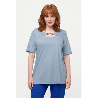 Ulla Popken Rundhalsshirt T-Shirt Drapierung Cut-Out V-Ausschnitt Halbarm blau 50/52