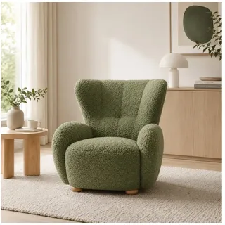 Goldstoff Sessel HUGSY Relaxsessel Boucle mit hoher Rückenlehne – Skandi & Boho Stil (Einzelsessel, Loungesessel), mit Relaxfunktion grün