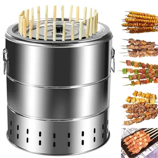 Tragbarer rauchfreier Grill, Edelstahl-Holzkohlegrill mit Spießen und Grillrost, ideal für das Kochen im Freien, 39,1 cm Durchmesser