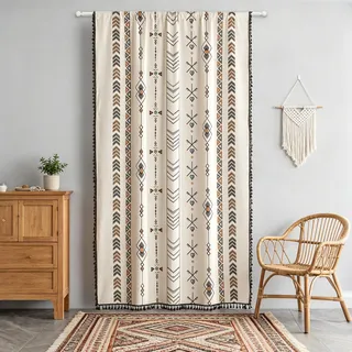 Boho Vorhänge Quaste Rand Bohemian Fenstervorhänge Geometrisches Muster Gestreifte Vorhänge Baumwollvorhänge Leinenvorhang Beige Schlafzimmer Wohnzimmer Stangentasche Fenstervorhänge (59 Zoll breit x