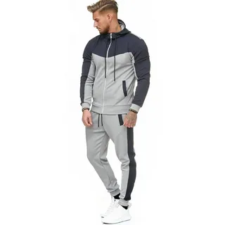 L.gonline Freizeitanzug Herren Trainingsanzug, Jogginganzug mit Kapuzenjacke 0986 (Kapuzenjacke mit Reißverschluss, Hose, 2-tlg), Fitness Freizeit Casual grau M