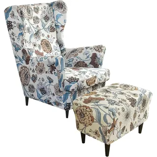 ZGantrix Ohrensessel überzug mit Hocker Bezug, 2 Teilig Sessel-Überwürfe+1 Teilig Ottomane Schonbezug, Beige/Grün/Rosa/Blau Ohrensessel Schonbezüge Sesselhusse Stretch Tiger Stuhlbezug mit Armlehne