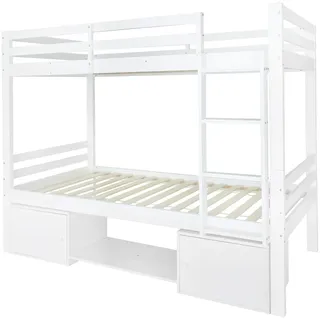 Merax Etagenbett 90x200 cm, teilbar in 2 Einzelbetten, Bettgestell Weiß mit Regal, Schrankfächern, Lattenrost, Kiefer & MDF