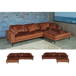 Ecksofa MCW-J54, Couch Sofa 3-Sitzer L-Form Liegefläche links/rechts 295cm ~ Samt rost-rot