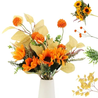 5er Künstliche Blumen – Sonnenblumen, Eukalyptus, Hortensien, Herbstblätter | Orange Gemischte Blumenstrauß Künstlich, Realistische Künstliche Blumen wie echt für Zuhause, Hochzeiten & Partys