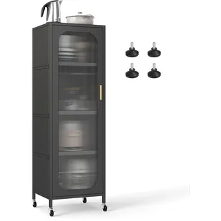 Fantask Küchenregal mit 5 Etagen, Vitrinenschrank auf Rollen mit verstellbaren Regalen, schmal Mehrzweckschrank mit halbtransparentem Tür, Highboard Metall für Esszimmer, Bad und Wohnzimmer (Schwarz)