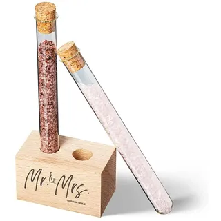 Tuuters Reagenzglas Vase Holz Bedruckt Mr & Mrs, 2 Gläser Korken, Hochzeit | Reagenzglashalter aus Buche: Schmale Reagenzgläser mit Ständer, Halterung für Glücksbambus, Pflanzen Stecklinge Anzucht