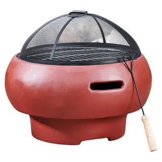 Feuerschale Feuerkorb Gartenfeuer - Ø 53 cm - Beton - Rot - Mit Grillrost und Funkenschutz
