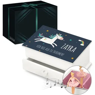 Maverton personalisierte Musik Schmuckdose mit Aufzieh-Spieluhr - Schmuckkästchen Ballerina - Musikspieldose für Mädchen zur Geburt - zum Geburtstag - zu Weihnachten - mit Schublade - Einhorn
