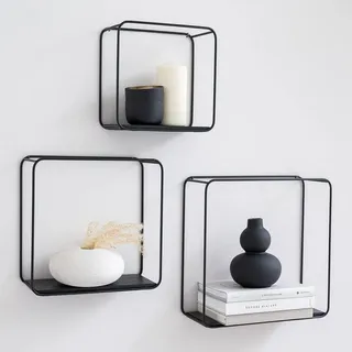Wandregale 3-teilig, Metall und Echtholzfurnier, Eiche und Schwarz, für Wohnzimmer