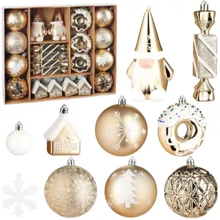 Brubaker 64 Stück Christbaumschmuck - Weihnachtskugel Set mit Donuts, Häuser, Schneeflocken, Kugeln und Bonbons - Baumkugel Baumschmuck - Anhänger Weihnachten für Weihnachtsbaum - Gold Weiß