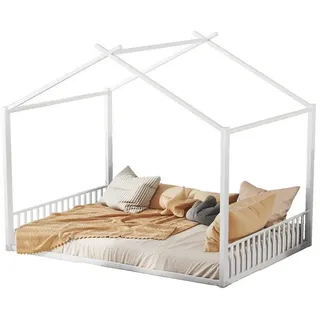 SOFTWEARY Hausbett mit Lattenrost (140x200 cm), Kinderbett, Metallbett weiß