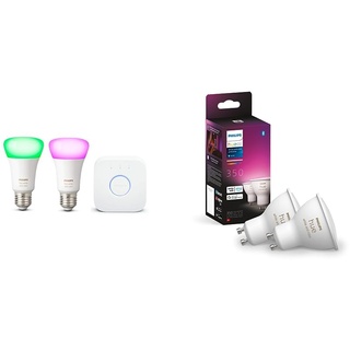 Philips Hue White & Color Ambiance 2er E27 LED Starter Set inkl. Hue Bridge & White & Color Ambiance GU10 LED Lampe Doppelpack, 2x350lm