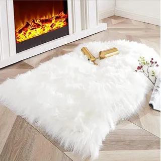 JXLOULAN Faux Lammfell Schaffell Teppich Weiß 75 x 120 cm, Longhair Fell Kunstfell Weicher Flauschiger Teppich Wohnzimmer, Lammfellimitat Carpet für Stühle Schlafzimmer Kinderzimmer