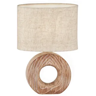 FISCHER & HONSEL LED Nachttischlampe, Dimmfunktion, LED wechselbar, Warmweiß, Keramik-Fuß Holz-Optik skandinavisch & Lampenschirm oval Leinen Beige beige
