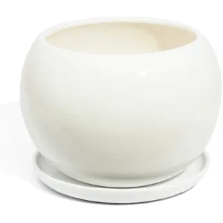 Ecoceramik Keramik Blumentopf mit Untersetzer Unikat Kugel handbemalt D 180 mm Weiss