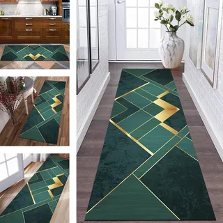 Teppich Läufer Lang Flur Küche rutschfest waschbar Küchenläufer Polyester 50X180CM Korridor Teppichläufer Grün Gold Modern Schlafzimmer Wohnzimmer Küchenteppich Meterware Teppichmatten Flurläufer
