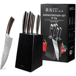 BEM Saiko 6-tlg. Damastmesser Damast Küchenmesser Knife Set aus VG-10 Stahl, Messerblock mit Damaskus Messer inkl. Kochmesser, Gemüsemesser, usw.