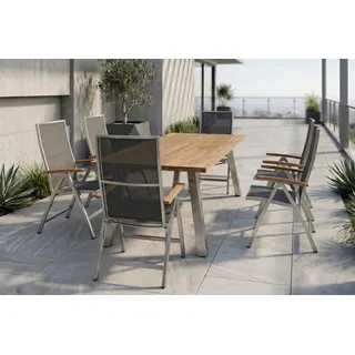STERN Cardiff Garten-Essgruppe, silber/silbergrau, Edelstahl/recyceltes Teak, Tisch A-Gestell 220 x 100 cm, 6 Klappstühle, FSC®-zertifiziertes Produkt