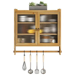 OKWISH Hängeschrank Wandhängeschrank,Glas-Wandregal (Vintage 63 cm Wandregal mit Doppelglastüren – 3 Stufiger Stauraum mit Handtuchhalter, Naturholz – Wandmontage für Badezimmer, Küche, Esszimmer – Stabil & Platzsparend) Gewichtskapazität: 5 kg pro Regal 18 cm