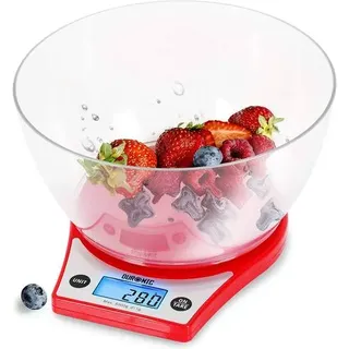 Duronic KS6000 RD Küchenwaage - Ultradünne Küchenwaage mit beleuchtetem Display - 1 g - 5 kg Kapazität mit 2 L Schüssel