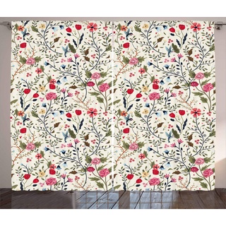 ABAKUHAUS Blumen Rustikaler Gardine, Vögel Rosen-Tupfen, Schlafzimmer Kräuselband Vorhang mit Schlaufen und Haken, 280 x 175 cm, Rosa