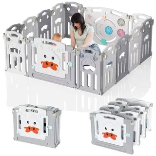 Laufgitter Laufstall Baby 14 Panel Absperrgitter aus Kunststoff Krabbelgitter Faltbar mit Tür und Spielzeugbrett 150x150x60cm