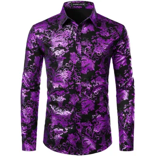 PARKLEES Herren Luxus Paisley Gemustert Golden Glänzend Slim Fit Freizeithemd - L