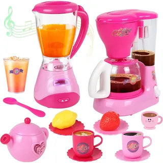 Greyghost Kinder-Küchenset Kinderküche Zubehör Set mit Mixer und Kaffeemaschine, (Kinderküche Zubehör Set mit Mixer Kaffeemaschine und Spielgeschirr, 11-tlg., Spielküche Zubehör mit Mixer Kaffeemaschine Tassen Obst für Kinder), Rollenspiel Zubehör für Kinderküchen Mit Licht- und Soundfunktion rosa
