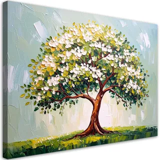 LEINWANDBILD 3D Grüner blühender Baum des Lebens Blumen 90x60cm