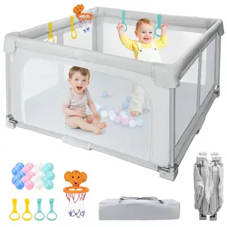 Growithu Laufstall Baby Faltbar 127x127cm: Laufgitter für drinnen & draußen - Baby Playpen mit Aufbewahrungstasche, 20 Bälle und 4 Ringe