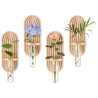 Glasseam Propagation Station Reagenzglas Vase, 4 Stück Boho Pflanzen Terrarium Deko Vasen Set, Holzrahmen mit Kleine Glasvasen Reagenzgläser für Blumen, Blumenvase Modern Wandvase für Wohnzimmer