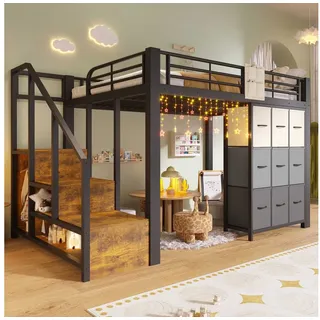 BlingBin Hochbett 90×200 cm mit Schubladen, Kleiderstange, Geländer, ohne Matratze (1-St., Kinder-/Jugendbett mit Treppe & Stauraum, Schubladen-Kommode) platzsparend mit Stauraum, für Kinder & Jugendliche schwarz 145 cm x 251.5 cm x 140 cm
