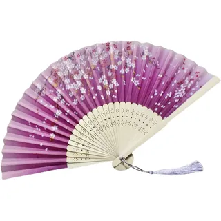 fxwtich Reisebegleiter, Fächertanz, zusammenklappbar, Vintage-Bambushand, chinesischer Stil, Seidenimitation, mit Blumenmuster-Ausschnitt, perfekt für Kirchendekoration Violett