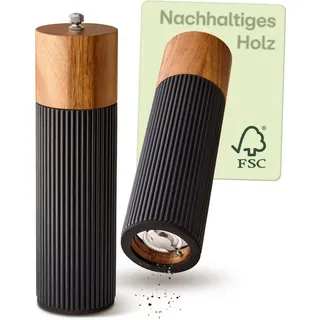 Praknu Salz- / Pfefferstreuer Salz & Pfeffermühle Set Akazien Holz – Edles Design & Keramikmahlwerk, (2er Set, 2-tlg), FSC-zertifiziert, Keramikmahlwerk, Stufenlos einstellbar, Langlebig schwarz Ø 5 cm x 5 cm x 21 cm