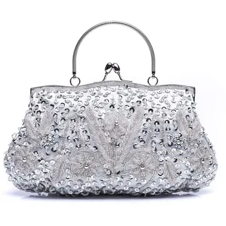 VENI MASEE Damen Handgemachte Perle Handtasche, Abendtasche Damen Clutch Für Party (Silver)
