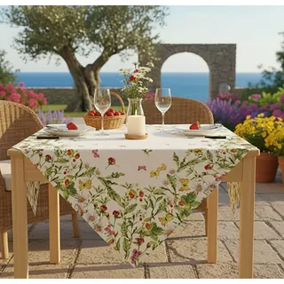 KAMACA Mitteldecke Wiesenblumen und Schmetterlinge – 85x85 cm Tischdecke für Frühling und Sommer – Florales Druck-Motiv für Garten, Outdoor und Haus – Waschbare Tischwäsche