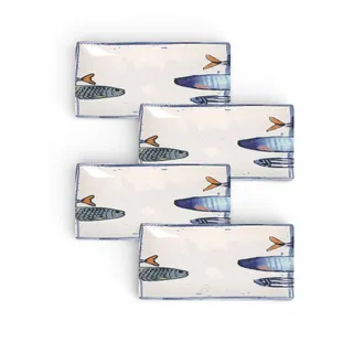 Teller im mediterranen Design mit Sardinen-Motiv 2.0 | Maritime Speiseteller, Suppenteller, Dessertteller, Servierplatten, Bowls - robust, Steinzeug, glattes Finish (4er Set Servierplatte (30x 15cm))
