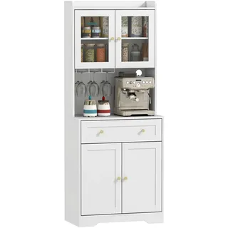 HOMCOM Küchenschrank mit Verstellbaren Regalen, 68 x 38 x 170 cm, Weiß | Buffetschrank mit Arbeitsplatte, 4 Türen, Schublade, Vorratsschrank, Hochschrank mit Soft-Close-Funktion, Kabelloch