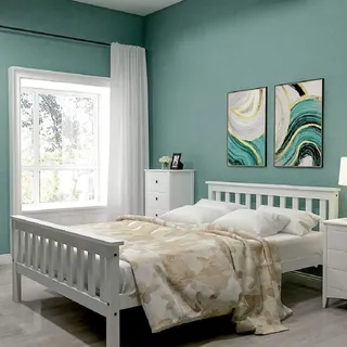 BTM Holzbett Doppelbett 140 x 200 cm, Massivholz Bettgestell mit Lattenrost und Hohem Kopfteil, Bett Rahmen Kiefer, für Erwachsene Kinder Jugendliche, Weiß